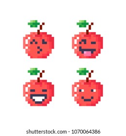 Cute smiling pixel red apples. Set of Emoji apple. Smile fruits. Isolated pixel art vector illustration on white background