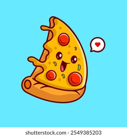 Ilustración linda sonriente del icono del Vector de la historieta de la rebanada de la pizza. Alimentos 
Concepto de icono de objeto Vector de Premium aislado. Caricatura plana 
Estilo 