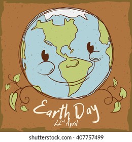 Cute smiling planet with branches and leaves in retro style with Earth Day date.