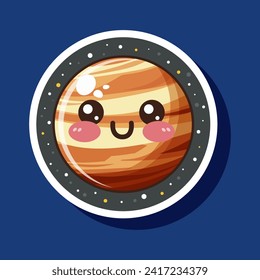 Cute smiling planet. Cartoon cosmic sticker for children. Astronomy education label. Galaxy star isolated on blue background. Fashion sticker, desigh for print. Vector illustration
