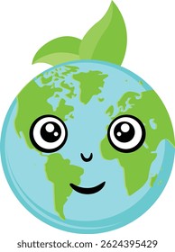 Cute Smiling Planet Earth with Green Leaves
