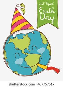 Cute smiling planet ready to party in Earth Day celebration.