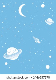 Cute Smiling Planets and Funny Rocket Vector Illustration for Card, Wall Art, Poster, Invitation, Printing. Spaceship Flying Across a Starry Galaxy White Stars, Planets and Moon on a Blue Sky. 