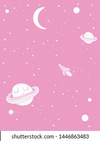 Cute Smiling Planets and Funny Rocket Vector Illustration for Card, Wall Art, Poster, Invitation, Printing. Spaceship Flying Across a Starry Galaxy White Stars, Planets and Moon on a Pink Sky. 