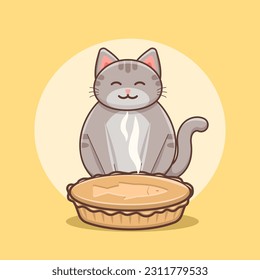 Cute smiling plump gray cat with fish pie on yellow. Vector illustration. Flat design style.