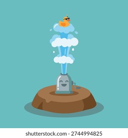 A cute, smiling plunger with a rubber duck wearing sunglasses on its head, spraying a fountain of water and bubbles.