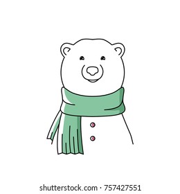 Cute smiling polar bear with a green warm scarf. Line art vector illustration