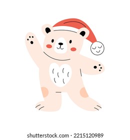 Cute smiling polar bear wearing red Santa hat. Funny Christmas character greeting and waving hands. Colorful New year symbol. Xmas holiday toy and decor. Minimalistic flat hand-drawn isolated 