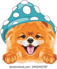 Cute smiling Pomeranian dog with blue amanita hat. Vector