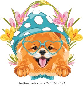 Cute smiling Pomeranian dog with blue hat and eyegiasses. Festive design. Vector