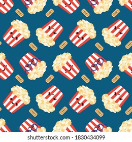 Cute smiling popcorn box characters and cinema tickets vector seamless pattern background.
