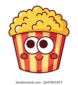 Cute smiling popcorn cartoon icon with red and yellow stripes isolated on white background