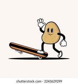 Cute smiling potato potato mascot character playing skateboard. Doodle vintage style illustration concept