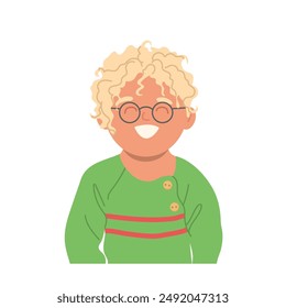 Cute smiling preschool boy child cartoon character with trendy coiffure wearing eyeglasses portrait