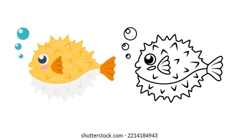 Cute Smiling Pufferfish With Bubbles In Color And Outline Version. Cartoon Exotic Tropical Fish. Isolated On White Background. Flat Vector Illustration