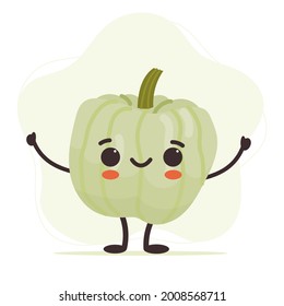 Cute smiling pumpkin character. Funny vegetable emoticon. Vector illustration in cartoon flat style