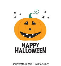 Cute smiling pumpkin character with Happy Halloween lettering and doodle black cross elements. Holiday greeting card. Isolated on white background. Vector stock illustration.