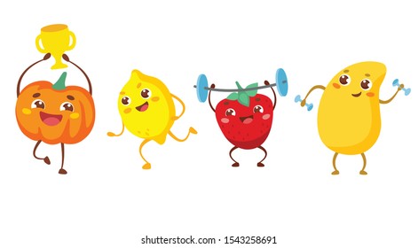 Cute smiling pumpkin with goblet, running lemon, strawberry with barbell, mango with dumbbells. Gym and fitness vector illustration. Cute sport and nutrition characters on white background.