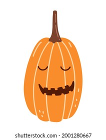 Cute smiling pumpkin for Halloween isolated on white background. Vector hand-drawn illustration in cartoon flat style. Suitable for cards, invitations, greeting designs, decorations.