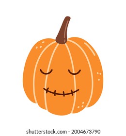 Cute smiling pumpkin for Halloween isolated on white background. Vector hand-drawn illustration in cartoon flat style. Suitable for cards, invitations, greeting designs, decorations.