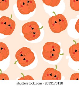 Cute smiling pumpkin for halloween seamless pattern in flat style. Vector stock illustration