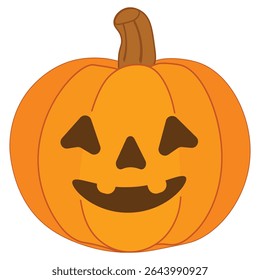 Cute smiling pumpkin illustration in Halloween theme. Friendly cartoon jack-o’-lantern with happy face, isolated on white background. Perfect for kids designs, party decor, and autumn graphics.