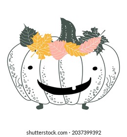 Cute smiling Pumpkin in a leaves wreath. Halloween element. Vector illustration 
