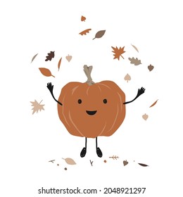 Cute smiling pumpkin throwing up leaves in the air. Cartoon Autumn character enjoying fall season, vector illustration.