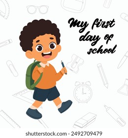 Cute smiling pupil boy going to school with backpack and pencil in hand.  First day of school banner