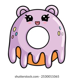  Cute smiling purple donut with ears in kawaii style. Dessert isolated vector illustration