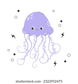 Cute smiling purple jellyfish or medusa. Funny underwater jellyfish with a kawaii face and tentacles. Children's colored flat vector illustration isolated on white background with doodle elements.