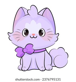 Cute smiling purple kawaii cat with a bow on his neck