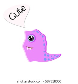 Cute smiling purple monster dragon. Funny character in a cartoon style with example text. Emoji isolated for your design needs. Vector illustration on a white background