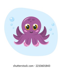 Cute smiling purple octopus with bubbles. Cartoon tropical creature. Element for summer design. Isolated on white background. Flat vector illustration