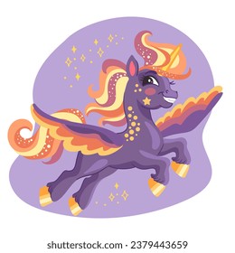 Cute smiling purple unicorn with orange mane and tail. Vector illustration in cartoon style for print and decor kids clothes, fabrics, souvenirs, stickers. Isolated character on white background.