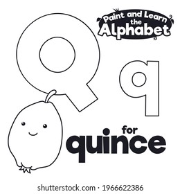 Cute smiling quince, with letters 'Q' ready to be colored during didactic alphabet learning.