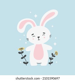 Cute smiling rabbit among flowers vector flat illustration. Baby happy animal with colorful flowering plant.