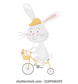 Cute smiling rabbit in a cap riding a bicycle with a basket of flowers. Summer fun activity. Kids design. For cards, clothes, t shirt print. Adorable character. Vector illustration isolated on white