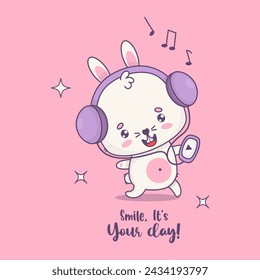 Cute smiling rabbit in headphones with player listens to music. Funny happy kawaii animal character. Vector illustration. Kids collection.