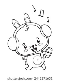 Cute smiling rabbit in headphones with player listens to music. Animal outline kawaii character. Vector illustration. Line drawing, coloring book. Kids collection.