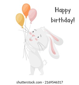 Cute smiling rabbit holding festive balloons in its paws. Happy birthday card. Adorable animal, character in pastel colors. For cards, clothes, t shirt print. Vector illustration on white.