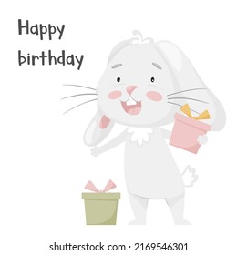 Cute smiling rabbit holding gift boxes. Happy birthday card. Adorable animal, character in pastel colors. Kids design. For cards, clothes, t shirt print. Vector illustration isolated on white