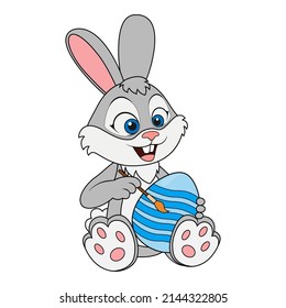 Cute smiling Rabbit holding and painting Easter eggs. Cartoon character Hare. Template of Celebration or Education card. Suitable for decoration and design for kids. Happy Easter. Spring holiday.