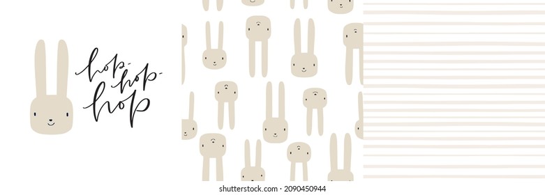 Cute smiling rabbit, hop-hop-hop short phrase and coordinating two-way textile print vector design set. Gender neutral cartoon bunny face graphic and seamless patterns for baby clothing.