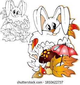 Cute smiling Rabbit with mushroom and autumn leaves, cartoon isolated vector doodle stock illustration, print for coloring, books, greeting / invitation card, t-shirt, fabric, logo, web or app design