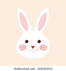 Cute smiling rabbit on a beige background. Cartoon bunny head. Cartoon vector illustration