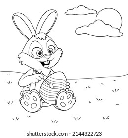 Cute smiling Rabbit painting brush Easter egg on lawn. Template of colorless cartoon Bunny with egg for coloring book. Practice worksheet or Anti-stress page for kids. Logic outline education game.