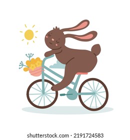 Cute smiling rabbit riding a bicycle with a basket of flowers. Warm spring fun activity. Kids design for cards, clothes, t shirt print. Cozy character. Vector flat illustration isolated on white