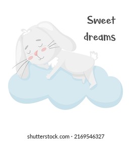 Cute smiling rabbit sleeping on a cloud. Kids design. Good night poster. Adorable animal, character in pastel colors. For cards, clothes, t shirt print. Vector illustration on white background