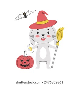 cute smiling rabbit In a witch s hat